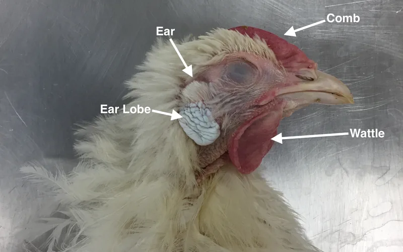Close-up of bright crimson chicken comb and wattles displaying rich microvascular network